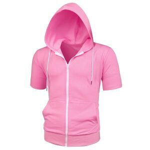 Men's Hoodies Solid Color Zip Up Short Sleeve Jackets with Hood Pink
